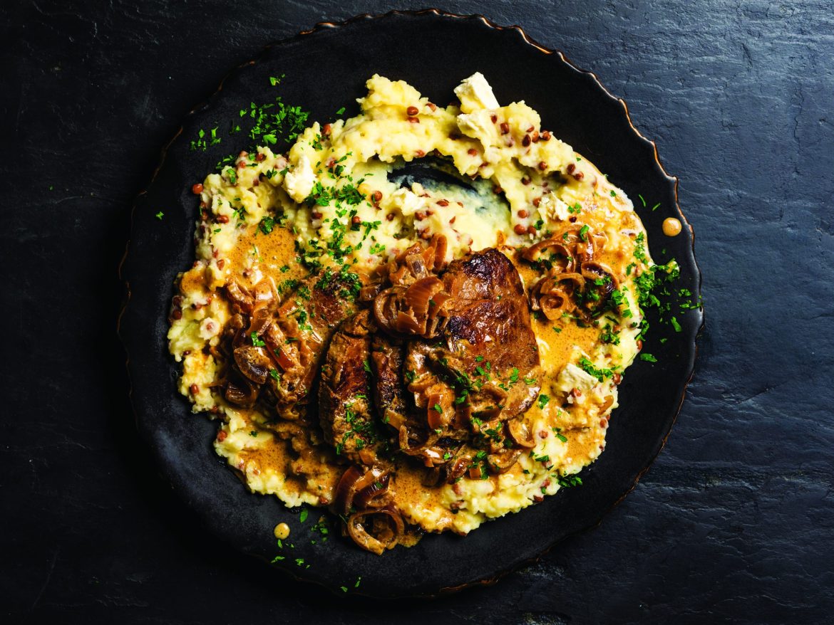 Panfried peppercorn fillet steaks with lentil and feta mash